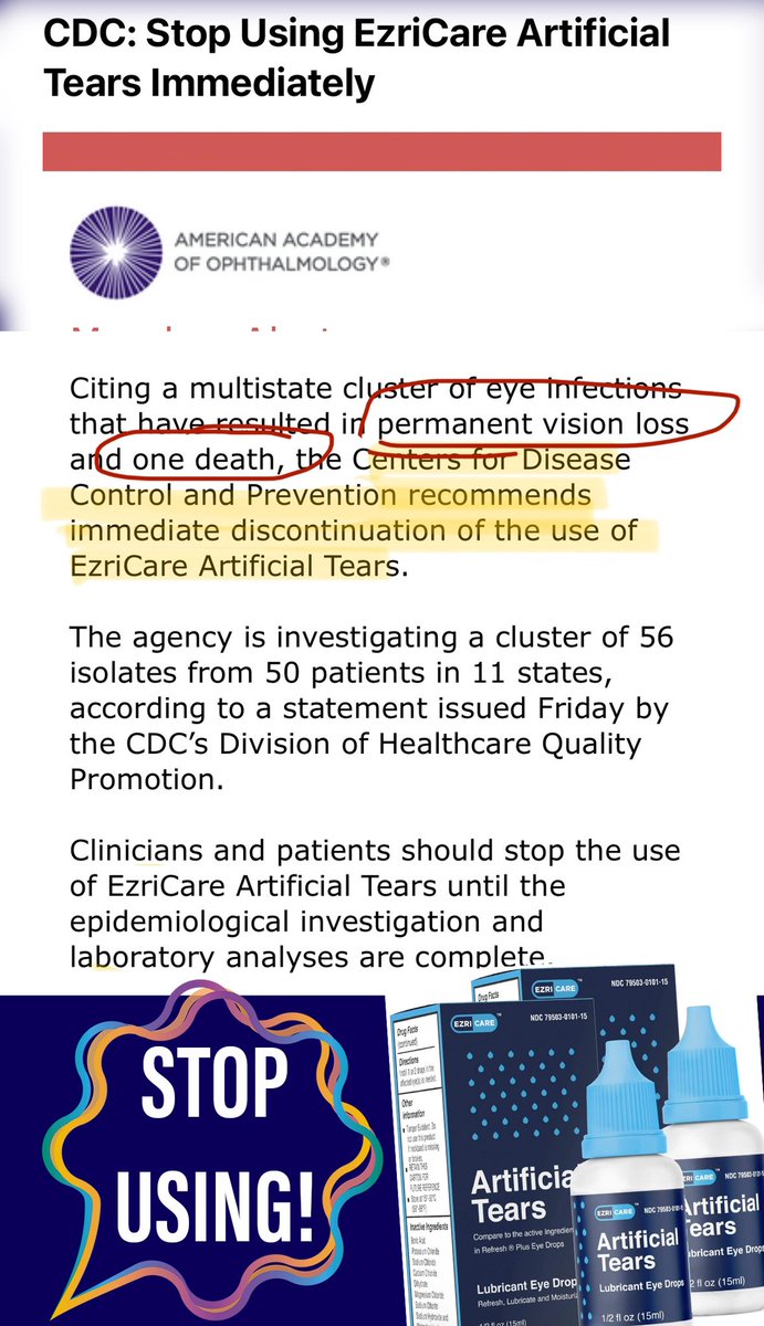 RT <a href="/CDCgov/">CDC</a> Warning! STOP using #EzriCareArtificialTears Immediately! Permanent #VisionLoss &amp; 1 death! Thanks to <a href="/aao_ophth/">AAO</a> #ProtectingSight #Ophthalmology #Ophthotwitter #MedTwitter <a href="/RaviGoelMD/">Ravi D Goel, MD</a> <a href="/macularstar/">Janice Law (she/her/s)</a> @KimWingesMD <a href="/DrAndreaTooley/">Andrea A. Tooley, MD</a> <a href="/Healio_OSN/">Ocular Surgery News</a> <a href="/RealWorldOphth/">Real World Ophthalmology</a> <a href="/RuthWilliamsMD1/">RuthWilliamsMD</a>