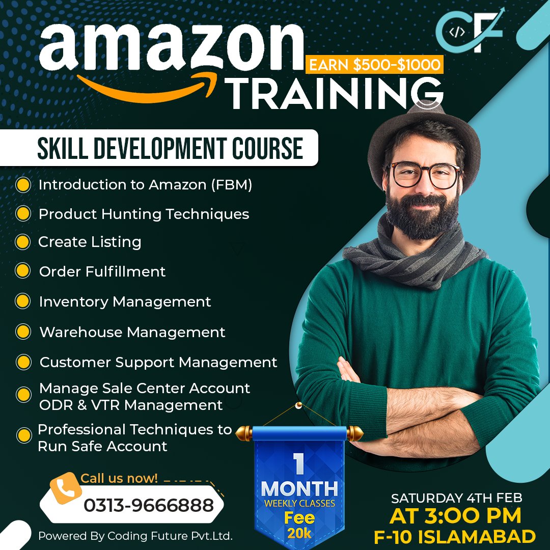 CodingFuture01's tweet image. Coding Future is presenting you the 1 Month Amazon FBM course. By Learning the Amazon Skill, You can easily earn 500-800 USD monthly and handle stores of different clients in all over the world
Hurry up and get yourself registered. Limited Seats are Available
contact:03139666888