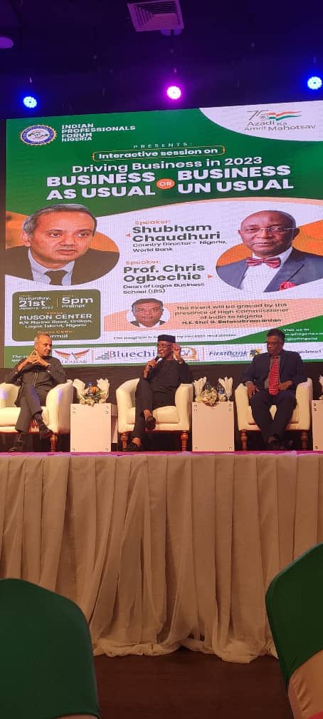 india_nigeria's tweet photo. HC G Balasubramanian attended the interactive session organized by the Indian Professionals Forum with Prof Chris Ogbechie, Dean of Lagos Business School and Dr. Shubham Chaudhary, Country Director, World Bank Nigeria on 21 Jan 23 at Lagos. https://t.co/eCBWPW5nmn