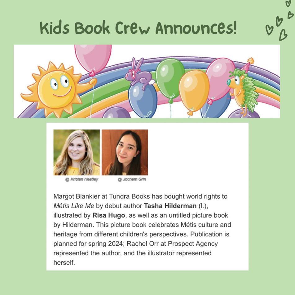 KidsBookCrew1's tweet photo. Dear #WritingCommunity ,
Please join us in congratulating @tashahilderman on her debut #picturebook celebrating the Métis culture! Follow @KidsBookCrew1 for more announcements. We follow back! https://t.co/nAmtIcRs6I