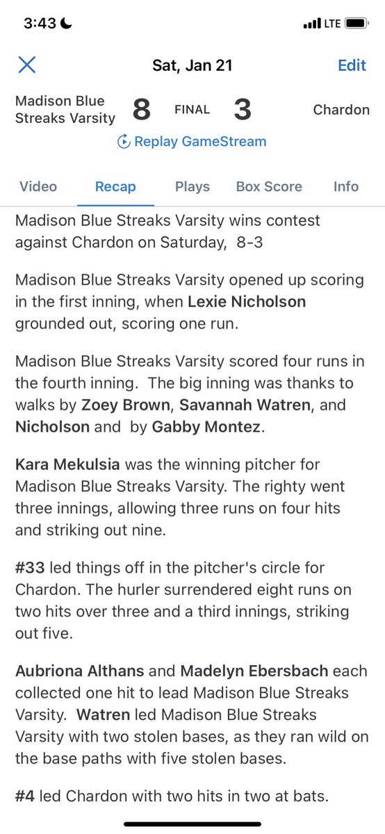 bluestreaks_sb's tweet image. Madison claims victory over Chardon 8-3. Many players contributing to the wins today and stepped up. Great overall efforts from the Blue Streaks⚡️🥎 #madisonstrong #keeptheSTREAK