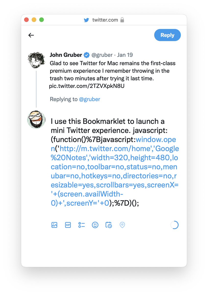 bi11jon's tweet photo. @gruber I use this Bookmarklet to launch a mini Twitter experience. javascript:(function()%7Bjavascript:https://t.co/q7SG64TXM0('https://t.co/HzTbUbdHJh);%7D)(); https://t.co/FDk5tQrcb6