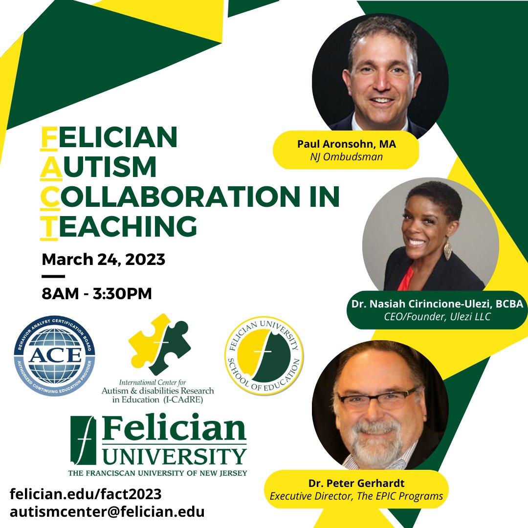 Save the Date! 🤯 

The Felician Autism Collaboration in Teaching (FACT) conference will be held on March 24, 2023. Learn the latest from experts on interpersonal and institutional support for ASD individuals. More at felician.edu/fact2023