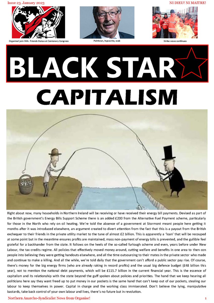 ClassWarROI's tweet image. Latest issue of Black Star from our comrades in the north. Organise! affiliates to the International Workers' Association; the rise of racism and fascism; updates on the strike wave up north; IWA Congress reports; meanwhile in Ballymena... Available at organiseanarchistsireland.com/black-star/