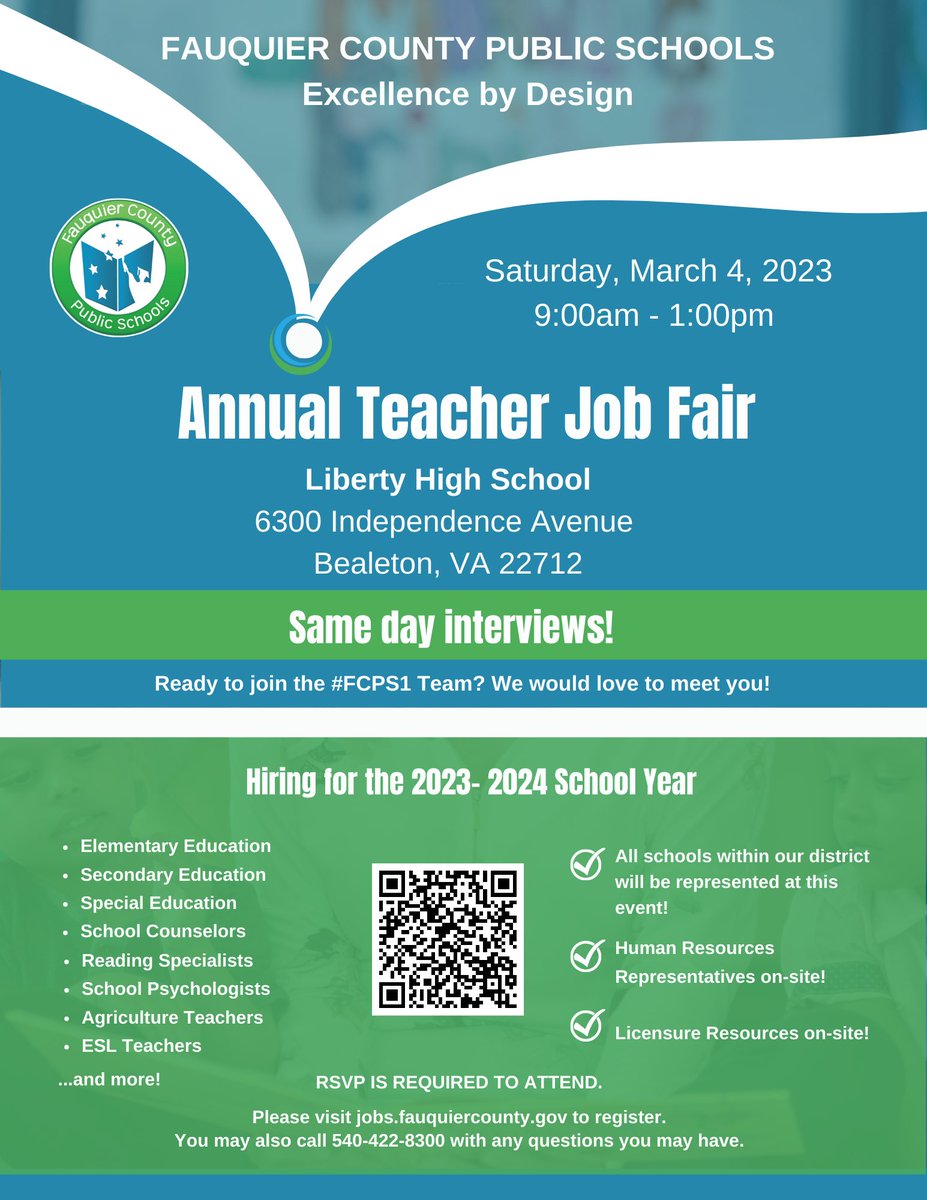 FCPS1jobs's tweet photo. Ready to join the #FCPS1 Team? Join us for on-site interviews at our Annual Teacher Job Fair! All schools in our district will be in attendance and ready to meet you! RSVP Required.

RSVP: https://t.co/DwyG9r2mQc

#jobfair2023 #teacher https://t.co/NXuztGCbOB