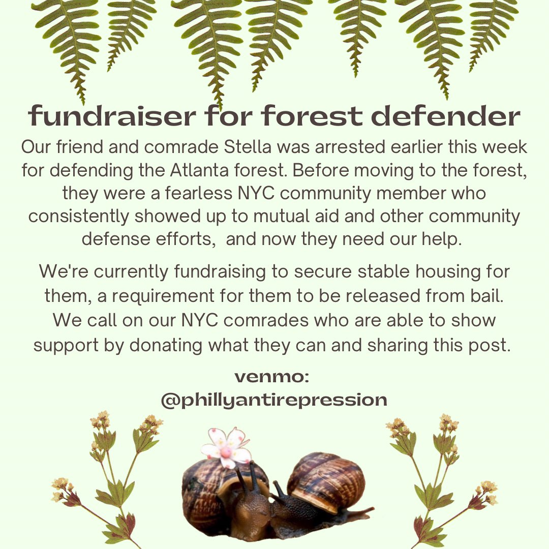 wspmutualaid's tweet photo. Our dear friend and NYC comrade Stella was arrested earlier this week for defending life and standing up against Cop City. Now it's our turn to show up for them. We call on our comrades to show up for Stella and donate to their fundraiser hosted by @phlbailfund https://t.co/SDRi6XOUAU