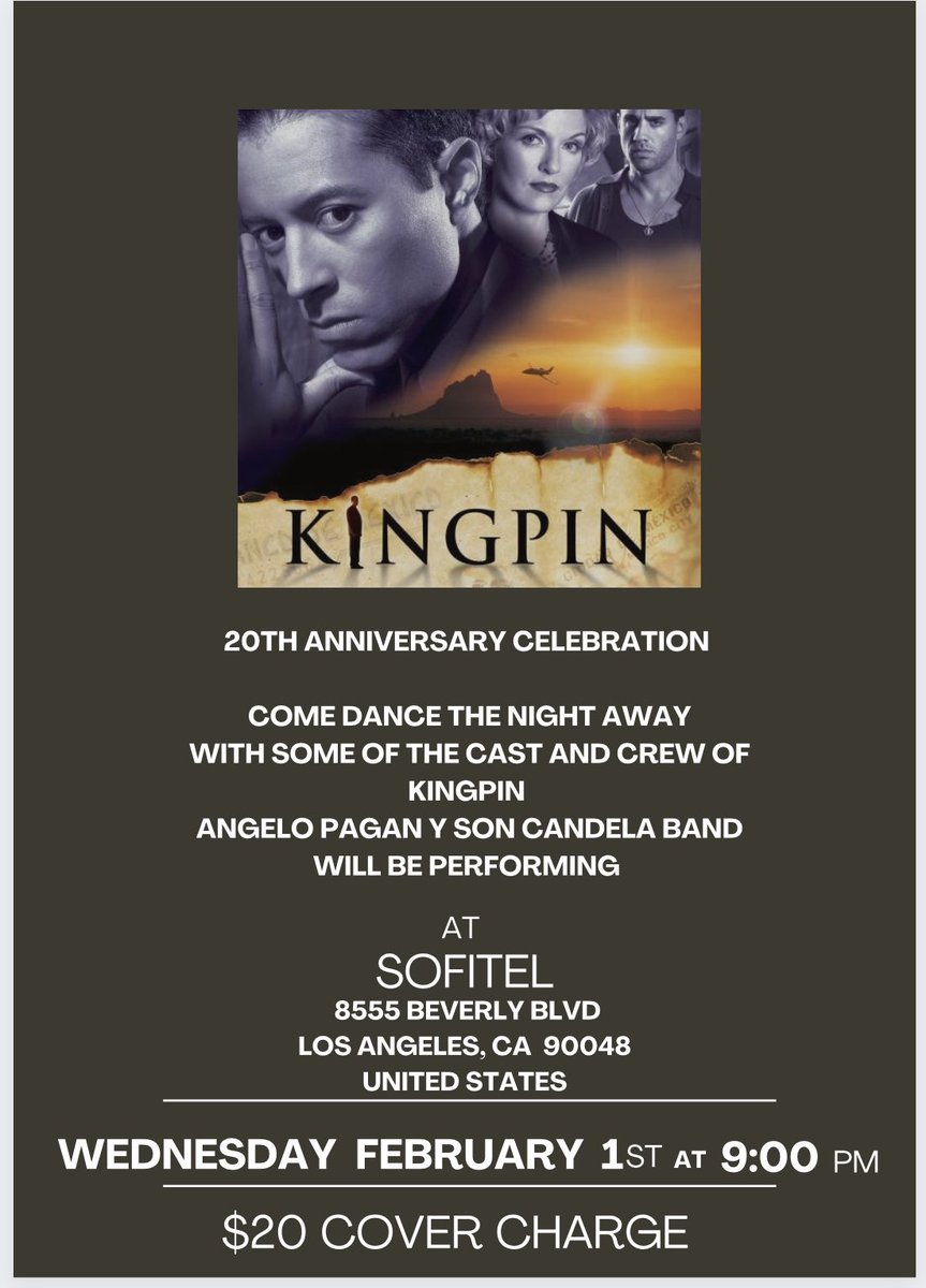 KINGPIN 20 Year anniversary. Join us for a night of Salsa Dancing 💃🏽 🕺🏾and great music 🎶 courtesy of <a href="/apangelo/">angelo pagan</a> Y Son Candela band. Meet some of the cast and crew as you dance the night away. 
9:00pm at Sofitel 
8555 Beverly Blvd
Los Angeles, CA  90048
Cover charge $20