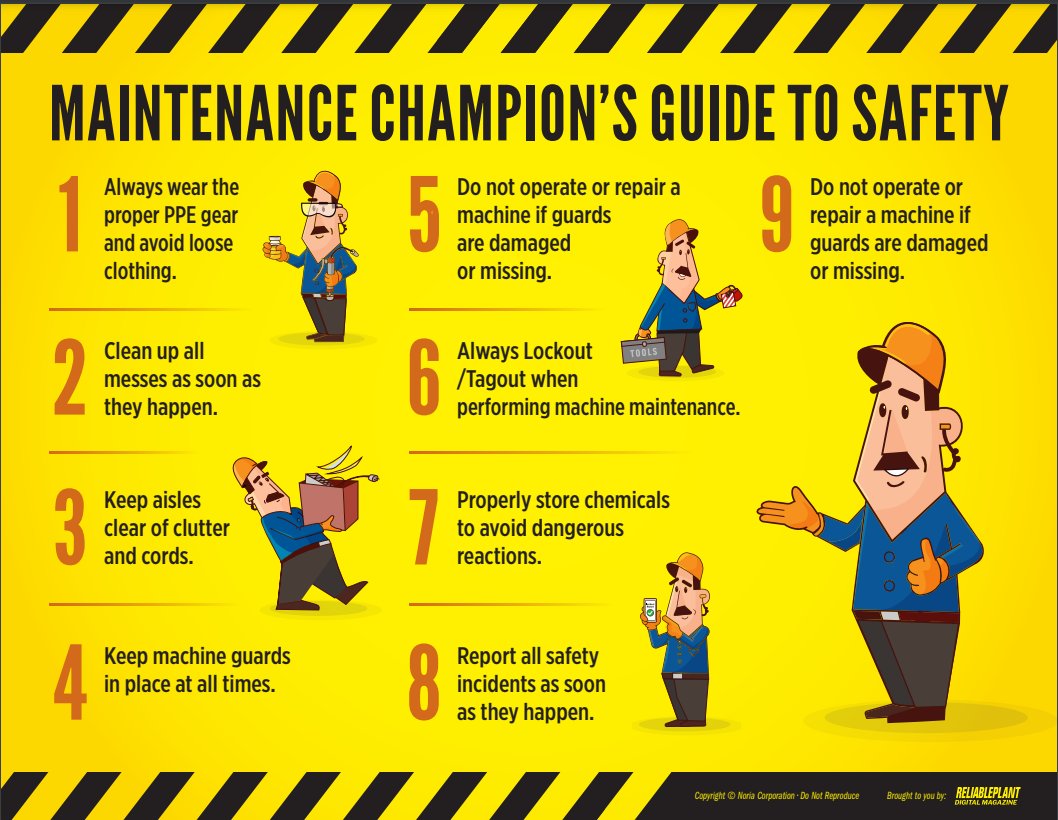 NoriaCorp's tweet photo. Don't forget to download your free Maintenance Champion's Guide to Safety poster, compliments of Reliable Plant Digital Magazine!
https://t.co/Ho7tlWEEli
#safetychamps #maintenance #reliability #safety #poster #ppe #workplacesafety #safetyposter #machinemaintenance #machines https://t.co/WcEd8F9GSp