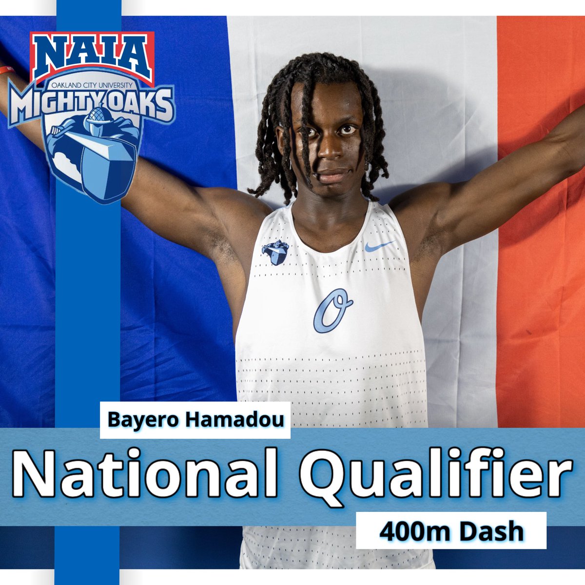 🚨National Qualifier🚨

Bayero Hamadou has become the first Oakland City University male track &amp; field athlete to Qualify for NAIA nationals.
He hit a B standard in the 400m dash with a new Lifetime indoor best of 49.15 sec placing 4th out of 47 at the Samford Bulldogs Invite
