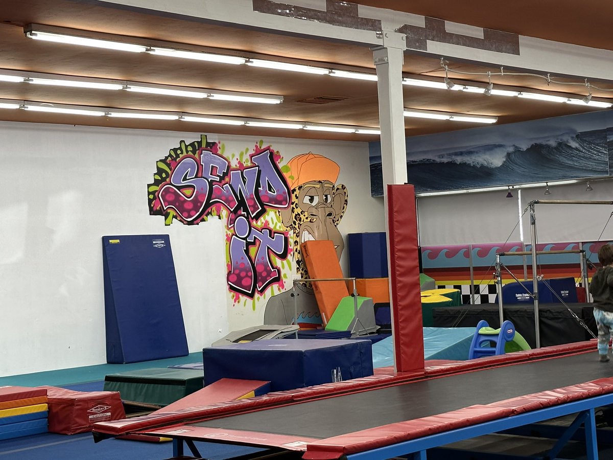 At a gymnastics birthday party for one of my little girl’s best friends… and low and behold! A sign of the times!! Let’s go! #sendit <a href="/BoredApeYC/">Bored Ape Yacht Club 🍌</a>