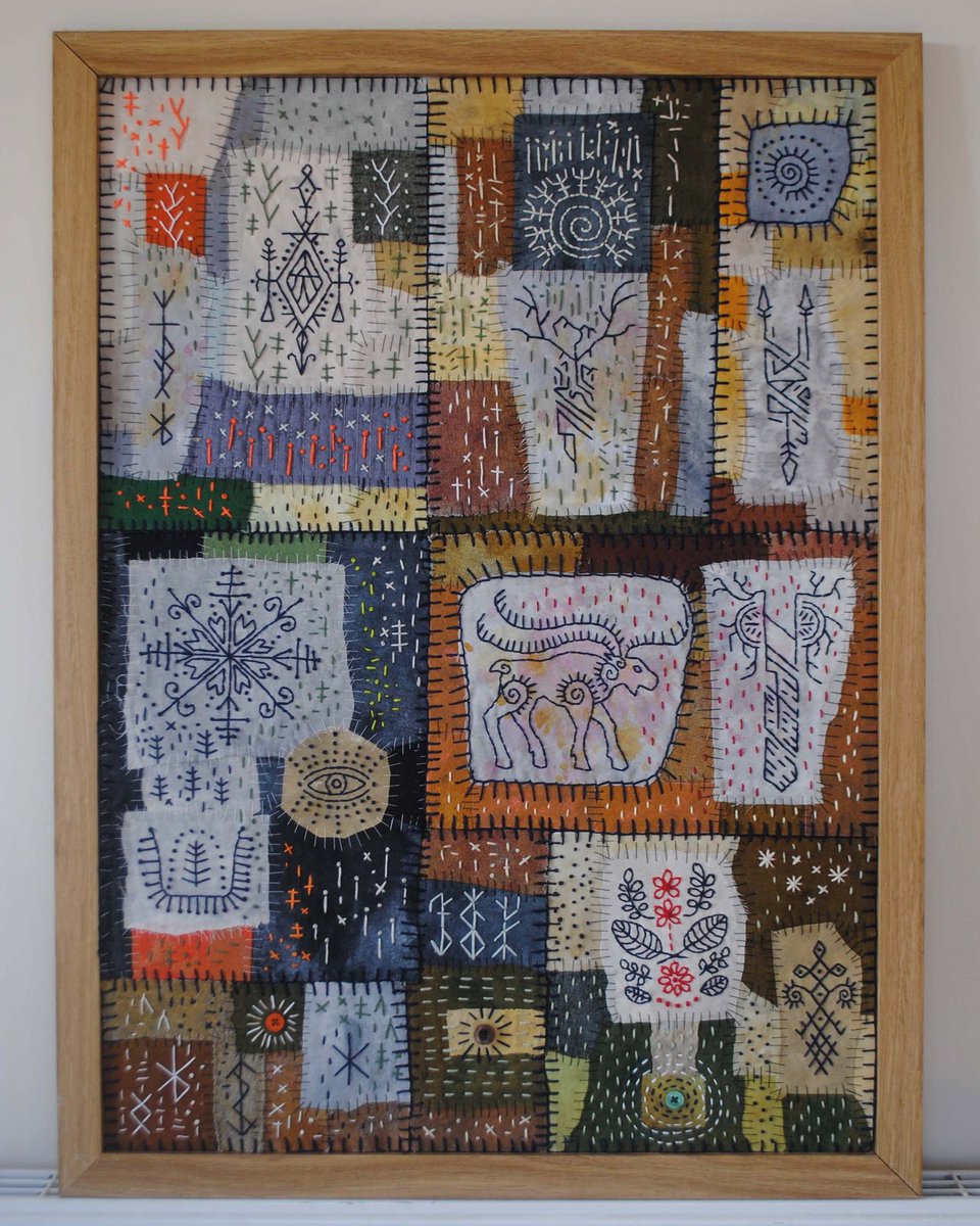 “The Mix and Match Patchwork” -19.01.2023 

.. 

#textileart #patchwork #largeartwork #embroideryart #folkart #pagan #wiccan #nordic #framedart #colourfulart #outsiderart #stitchedcollage #handstitched #abstractart