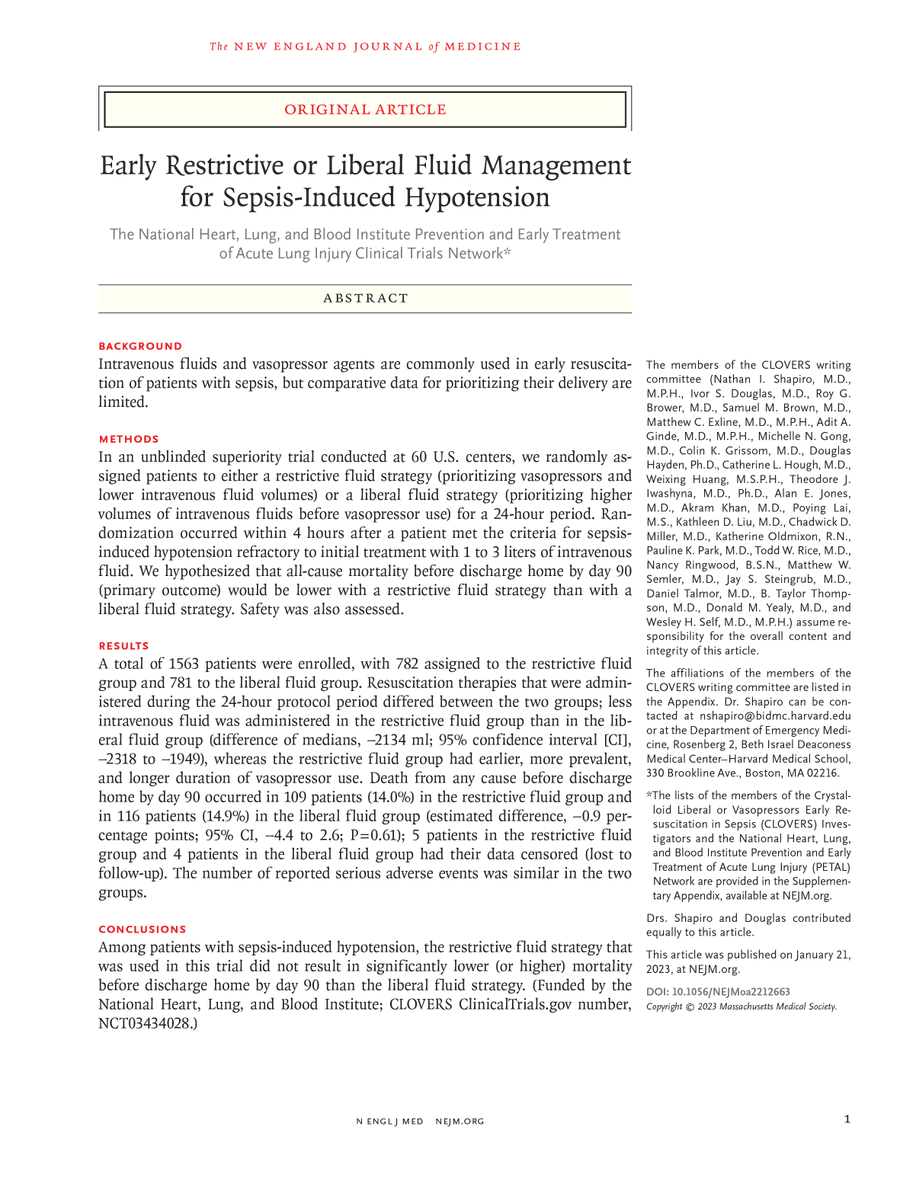 Just released at #SCCM2023: Early Restrictive or Liberal Fluid Management for Sepsis-Induced Hypotension nej.md/3CWSXBA #SCCMSoMe @sccm