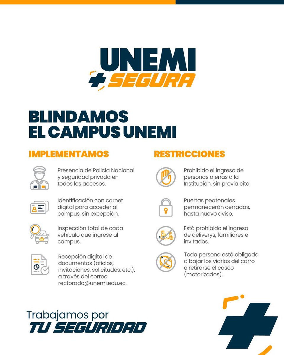 #UNEMImásSegura 🔴 

Conoce las nuevas disposiciones para ingresar al campus UNEMI👇🏻

#TrabajamosPorTuSeguridad