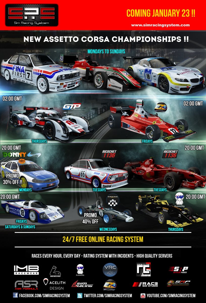 SimRacingSystem's tweet photo. New #assettocorsa series at #simracingsystem starting January 23! Daily DTM90s, GT3 and Dallara F317. Weekend series Group C and more with @prosimracingtv @AussieStig_ @Ricochet1136 https://t.co/WHtxJrVdDX https://t.co/U7pV2kG6kP