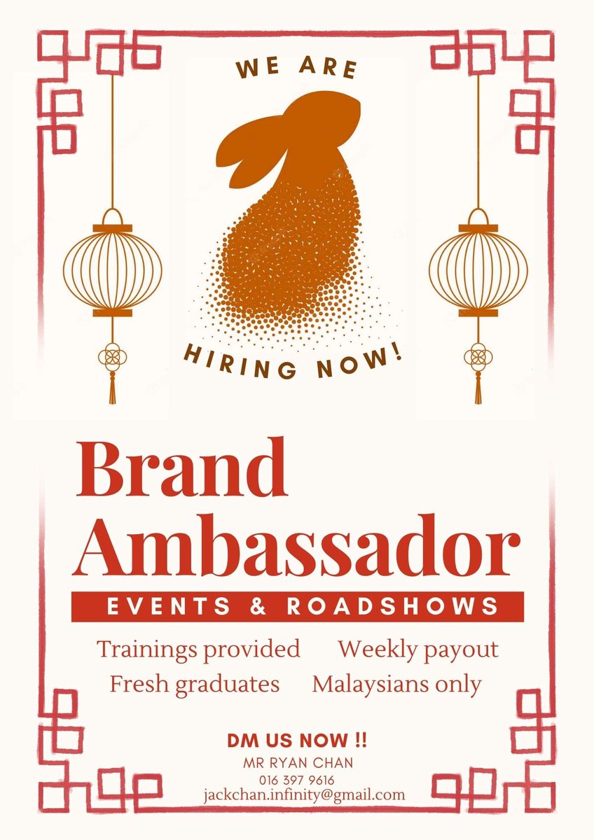 RyanCha41931241's tweet photo. HIRING NOW! 🇲🇾

💼Position: Brand Ambassador 
📍Location: Kuala Lumpur

@Peluang_KerjaMY @Oh_KerjaKosong @twt_kerja @Twt_IklanKerja @twtkerjakosongg @Peluang_KerjaMY @haikerja @Jobkerjaya @JobVacanciesMY @ejawatankosong

#kerjakosong #hiring2023 #JobVacancy #CNY2023 #jobsearch https://t.co/QpKaPW1jf5