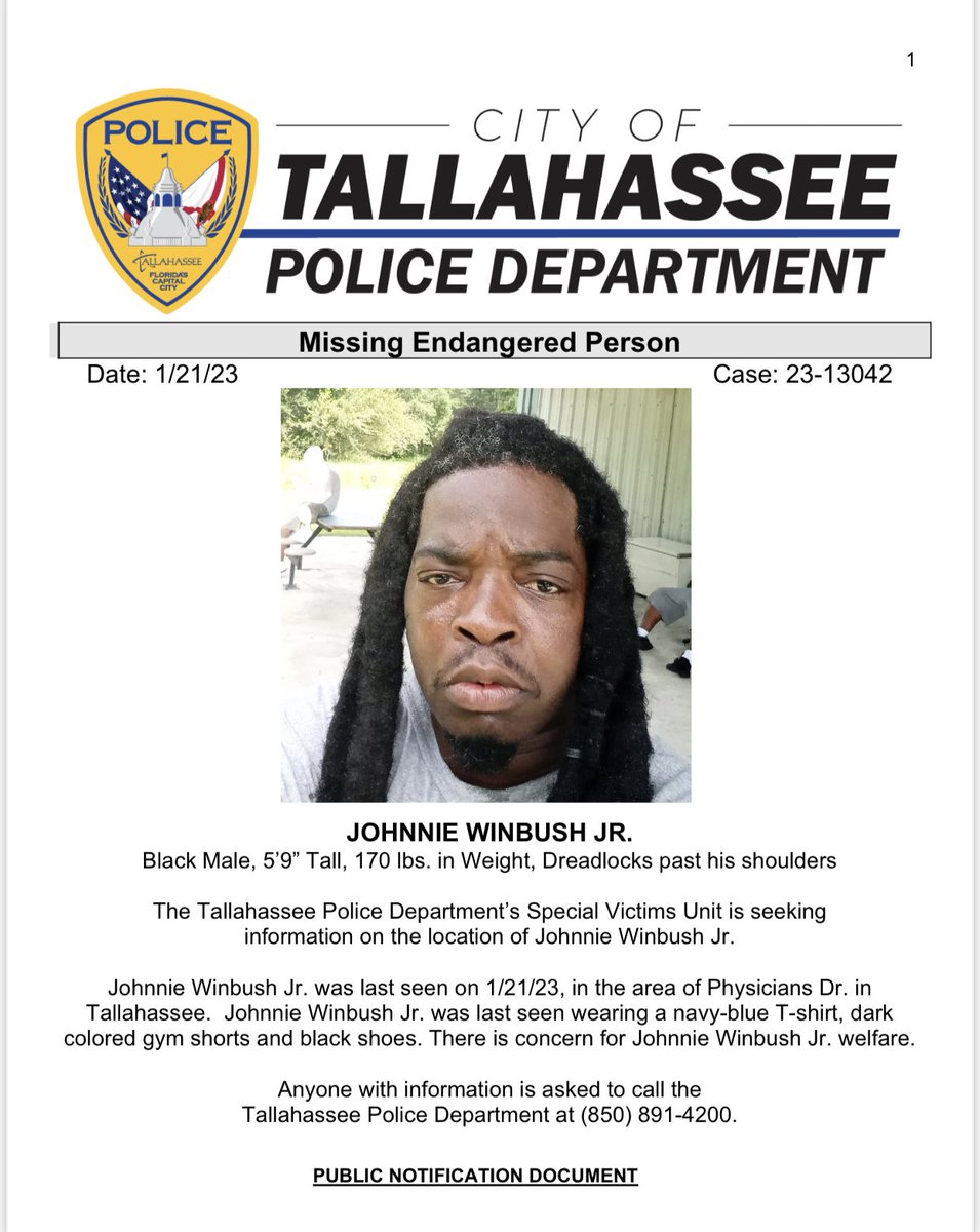 Please share to help locate this missing person. If you have information regarding Johnnie’s whereabouts, please call TPD at 850-891-4200. Based on the preliminary investigation, no foul play is suspected and the investigation remains ongoing to locate Johnnie.