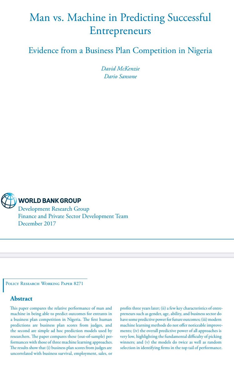Key truth about early-stage startups: once they pass a basic quality threshold, you can’t tell who will win!

Experiments at MIT &amp; Nigeria asked VCs, crowds, academics &amp; machine learning to predict which startups will survive. No technique stood out for picking long-term success.