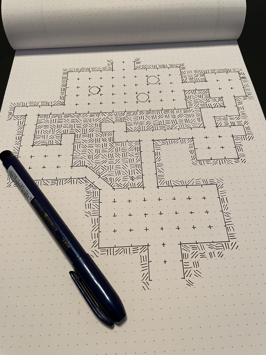 DnDHindsight's tweet image. Time to thicken the dungeon lines and start adding in the traps and treasure locations! #dungeonmap #ttrpg 

This is floor 1 of the temple! 2 lower floors beneath this that I will be drawing and posting too!