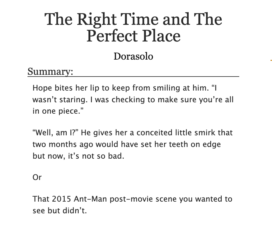 The Right Time and Perfect Place by @Dorasolosayshey

That 2015 Ant-Man post-movie scene you wanted to see but didn’t.

archiveofourown.org/works/20087389…