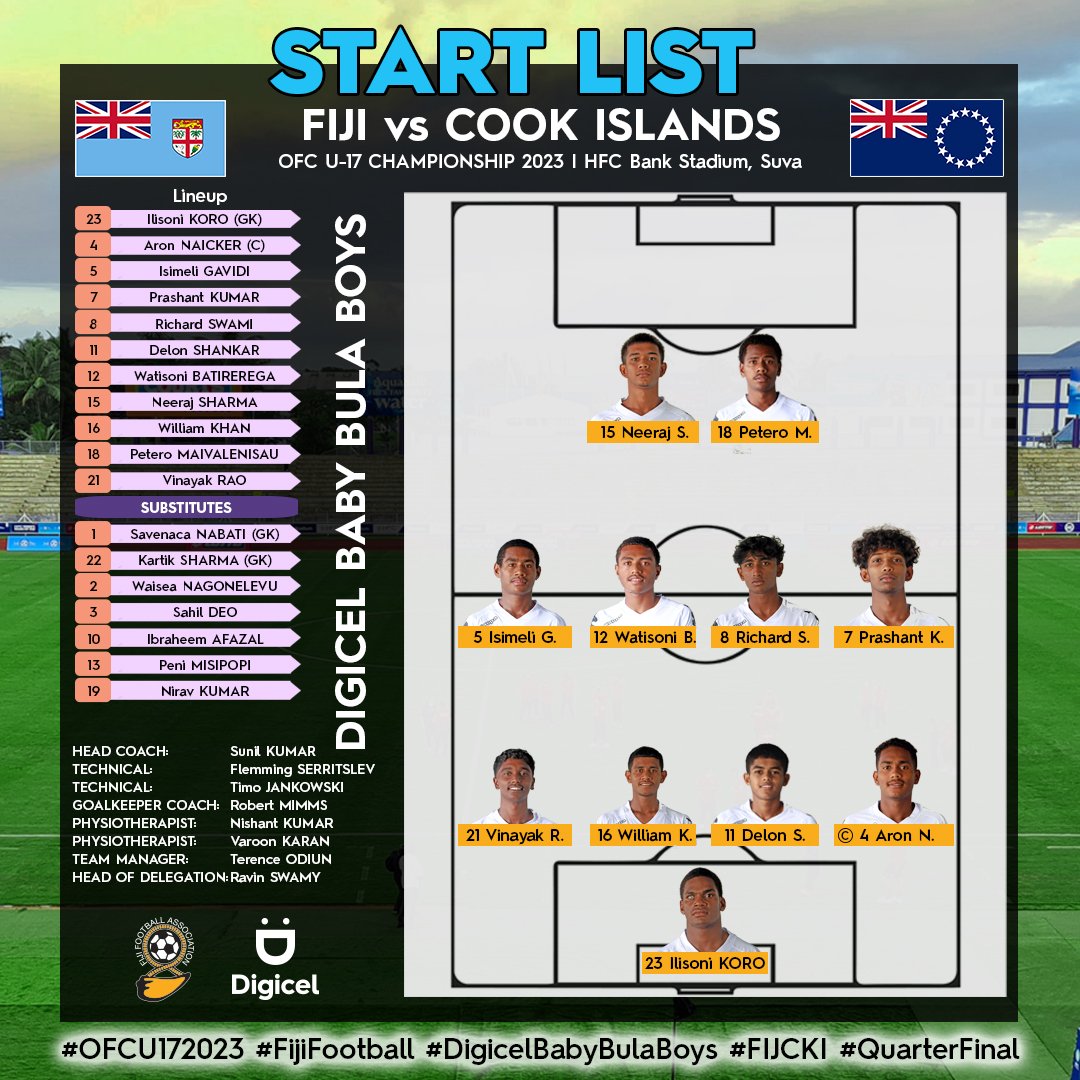START LIST | This is how the Digicel Baby Bula Boys will take the field against Cook Islands in the third quarterfinal of the OFC U-17 Championship 2023 this afternoon.

#OFCU172023 #FijiFootball #DigicelBabyBulaBoys #FIJCKI #QuarterFinal