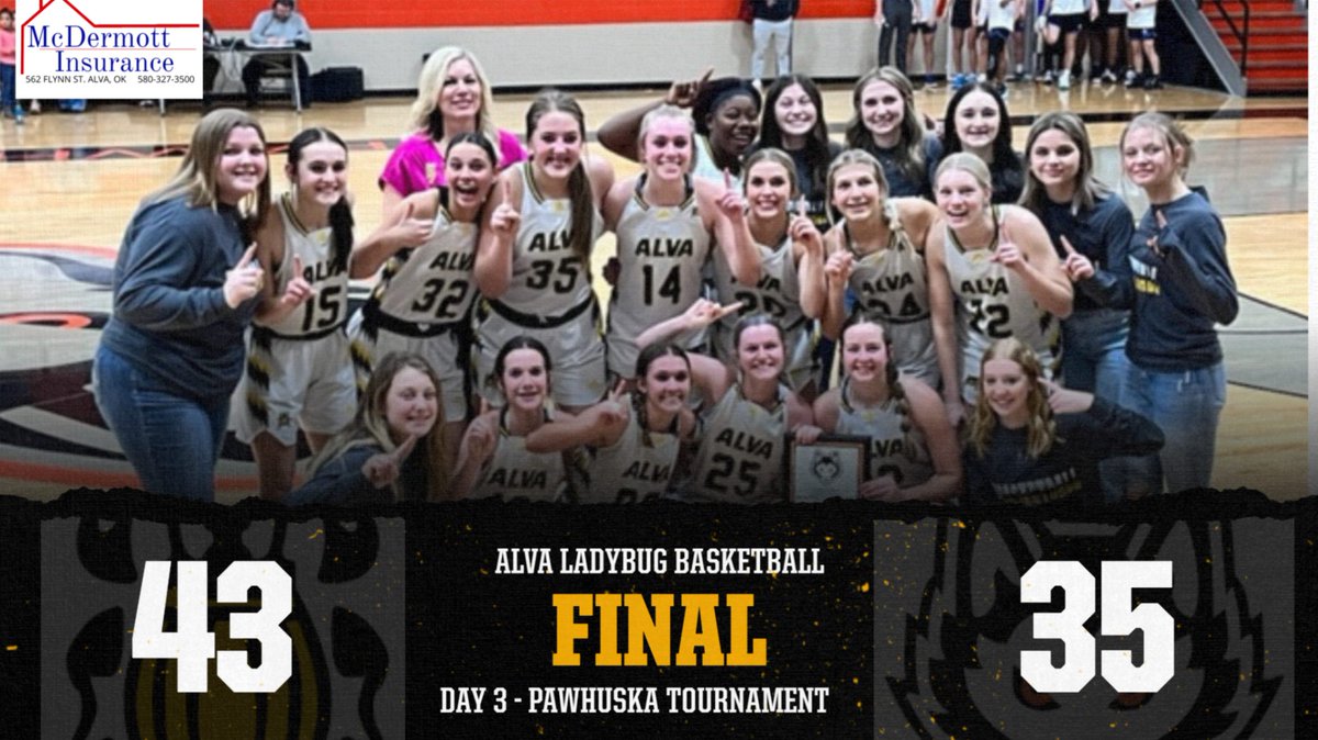 Congratulations to the Alva Ladybug basketball team as they defeated the Pawhuska Huskies in the championship of the Pawhuska Tournament 43-35. #WinTheDay