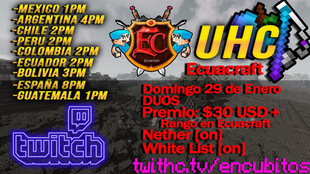 Evento de UHC premio de $30usd + rango por equipo
Requisitos:
🟢Seguirme en Twitter, like y RT a este tweet
🟢Seguir la cuenta de 
<a href="/EcuaCraftNT/">EcuaCraft Network</a>
 
🟢Seguir mi canal twitch.tv/encubitos
🟢Responder con tu Nick y tu Equipo
Scenarios por definir
Horarios: t.ly/p0Ry