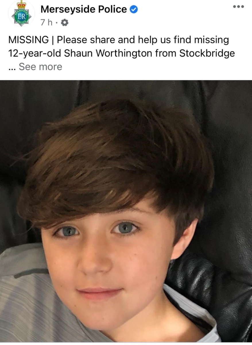 MISSING | Please share and help find missing 12-year-old Shaun Worthington. 
Missing since Friday 20th Jan, last seen on Honey’s Green Lane, West Derby wearing a black tracksuit.
Please contact Merseyside Police if anyone has seen him or knows where he is  🙏