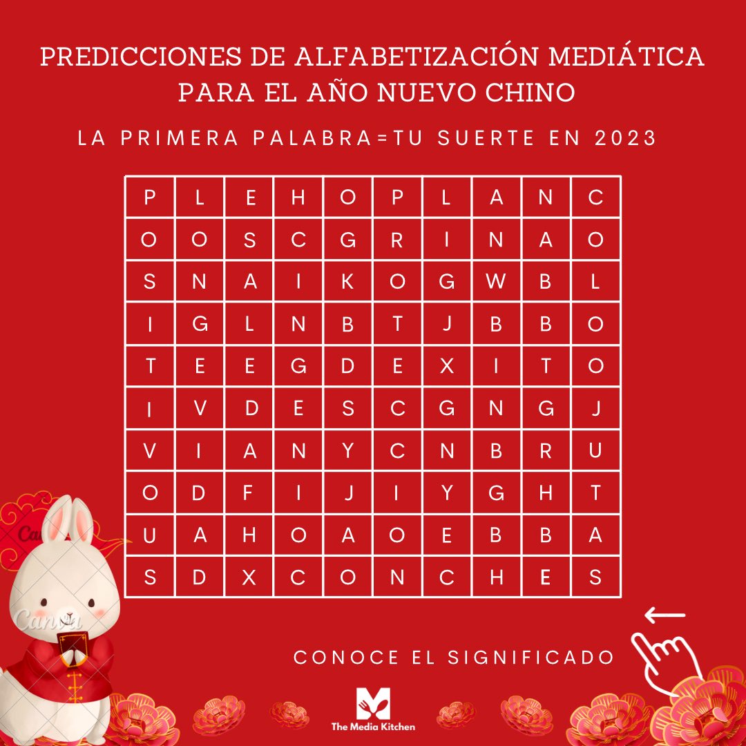 TMKitchen_'s tweet photo. ¡Feliz Año Nuevo Lunar! 🐰🧧 ¡Cuéntanos qué te depara este año! #AlfabetizaciónMediática #AñoNuevoLunar #AñoDelConejo

🪲 Síguenos en:
✅ Twitter: @TMKitchen_
✅ Instagram: @themediakitchen_ https://t.co/zwNTIwecB5