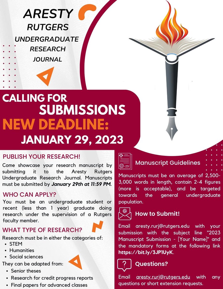 Rutgers_Aresty's tweet photo. If you’ve been delaying sending your manuscript to us, it’s not too late! The Aresty Rutgers Undergraduate Research Journal has extended the deadline for submissions to its 2023 publication cycle until 11:59 pm on January 29th. Share your research with the world! https://t.co/yv9Y9yIixo