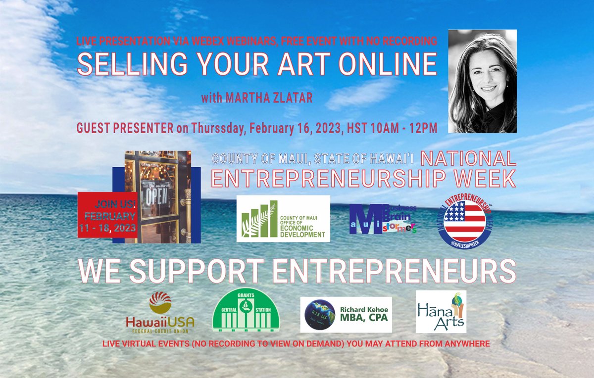 Foodielicious6's tweet photo. RT @MauiBizBrain: We bring Martha Zlatar back on the day #4 of our #Maui's 2023 #NationalEntrepreneurshipWeek (Feb 16, HST 10AM-12PM)!
The topic for her 2nd presentation? SELLING YOUR ART ONLINE
#NatlEshipWeek #art #artwork #paintings #drawing #scul… https://t.co/8eNIUJtv2N