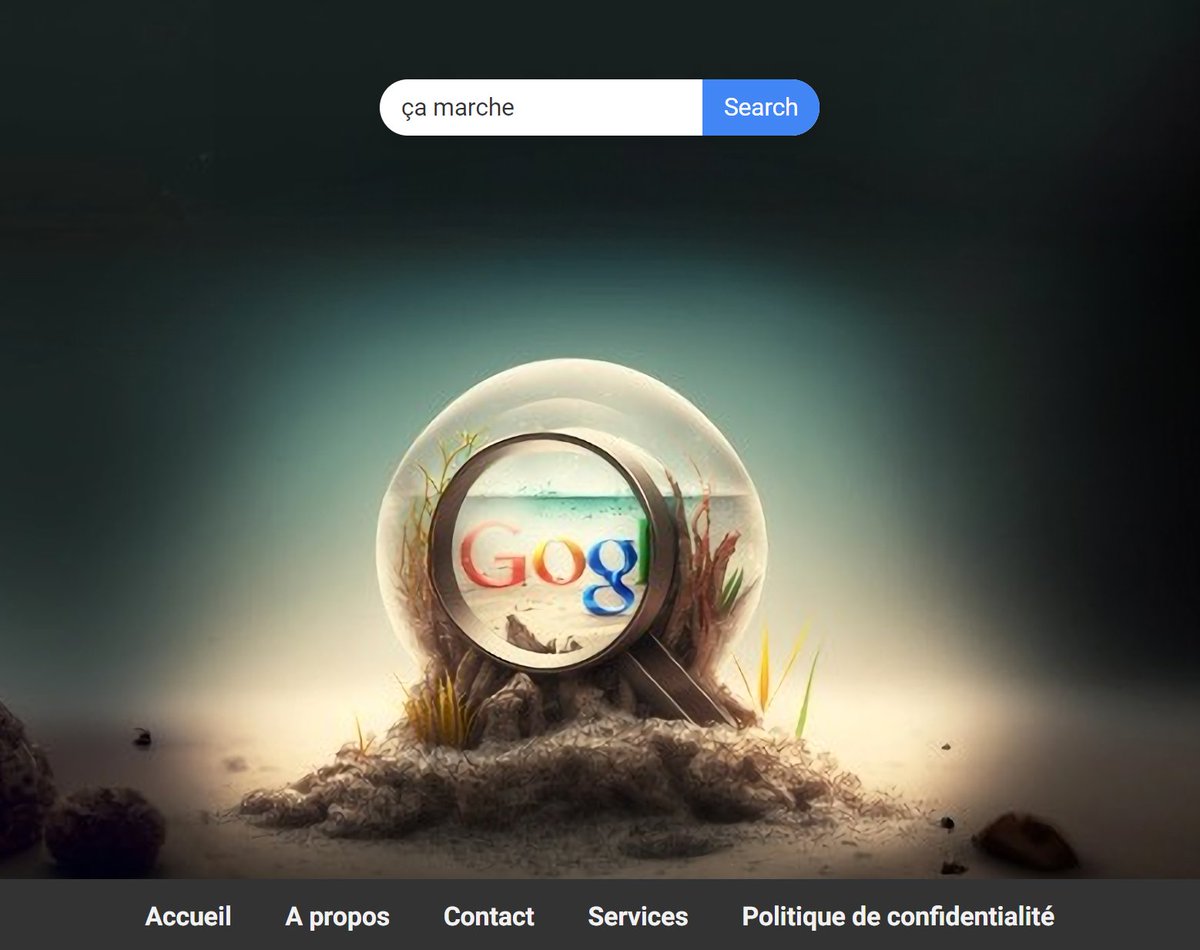 Ce soir on a fait un site à 100% avec ChatGPT et un peu de Midjourney pour l'inspi.

Pas une ligne de code.

Je ferai une conclusion au propre dans ma prochaine vidéo, mais voilà un screen (le site renvoie la recherche vers google.com, et c'est responsive^^)