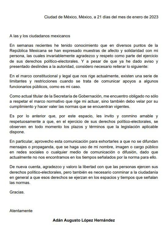 adan_augusto's tweet image. Estos son los tiempos de acompañar y consolidar el proyecto de nación. Aunque agradezco algunas muestras de apoyo que he recibido en estos días en varios estados de la República, considero oportuno dar a conocer el siguiente comunicado: