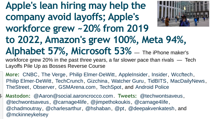ChromeDevice's tweet photo. Great to see that @Techmeme@techhub.social now shows Mastodon posters in its news page. Thank you :) and +1 for putting it on top of tweets when tweets are also listed.

@Gargron@mastodon.social https://t.co/ktNdFrwzzz