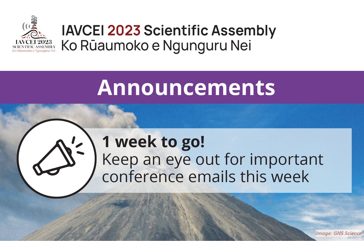 iavcei2023's tweet photo. 1⃣week to go! 

Keep an eye out for a final email this week detailing the schedule, virtual access and the app. 

If we have our facts correct, #iavcei2023 will be the third time Aotearoa New Zealand has hosted an @IAVCEI_official SA. Previously in 1986 and 1965! https://t.co/6odDv2UWHg