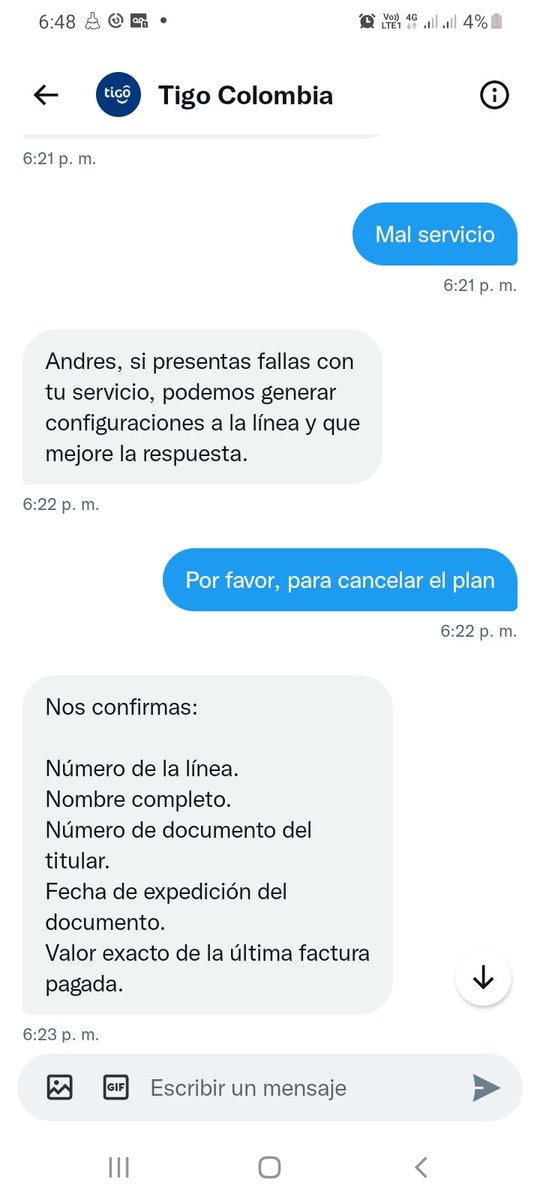 androwvasquez's tweet photo. @Tigo_Colombia   que perdedera de tiempo con esta compañia, no respetan a sus clientes, toca escribir 10 veces que quiero cancelar un plan. Tocó ir a una oficina, cancelar el plan y no saber munca más de uds @sicsuper @ClaroColombia @DNDConsumidor  @WRadioColombia https://t.co/QnwUCbN7NH