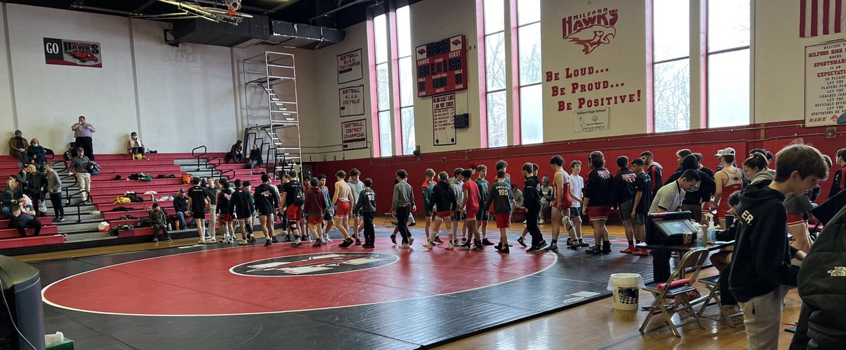 Milford hosted Algonquin, Hopkinton, & Mt. Hope (RI) in a SuperQuad and went 3-0 to RAWK the Home Match!$! Great wrestling, coaching & fans/families were fantastic too!$!❤️‍🔥💪 @jcotlin @MilfordSchools @Chappy8611 @LauriePinto5 @HawkNationAT @MHSBoosters2 @jungle_mhs