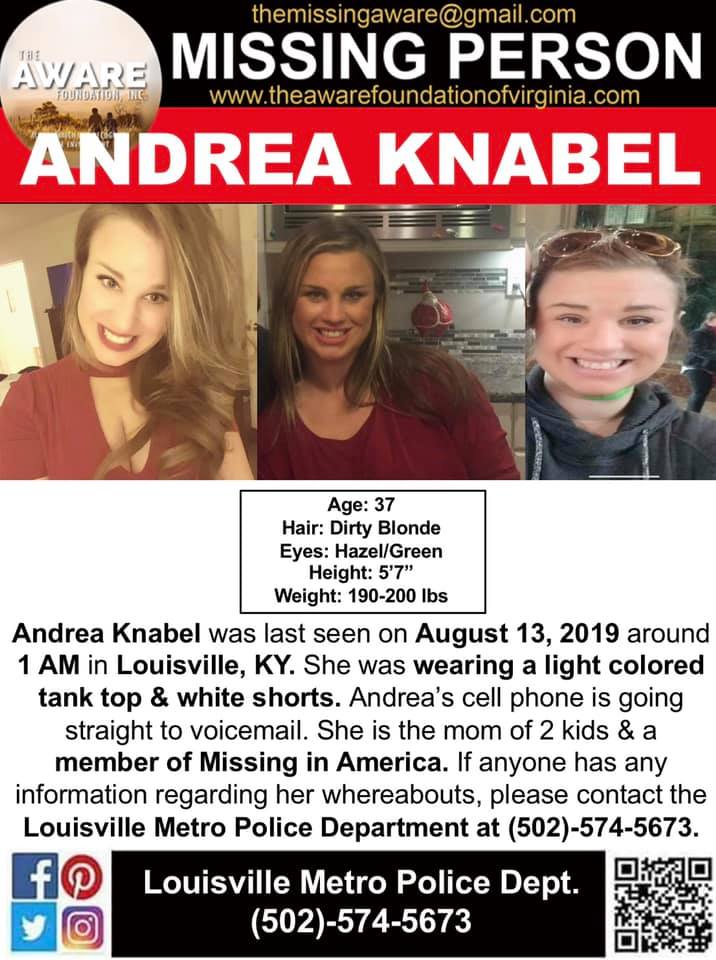 ***MISSING*** LOUISVILLE, KY
The Louisville Metro Police are seeking the public’s assistance in locating missing 37-year-old Andrea Michelle Knabel. She was last seen on August 13, 2019, around 1 AM.