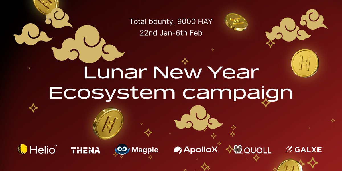 Our #HAYLNYCampaign has finally launched on <a href="/Galxe/">Galxe</a>!

We hope you are as excited as us to win some good luck, fortune and of course, a 9,000 $HAY raffle for the new year 🐇🧧.

🔗: galxe.com/helio/campaign…
📆: 22nd Jan - 6th Feb

A 🧵 on the <a href="/BNBCHAIN/">BNB Chain</a> partners participating 👇