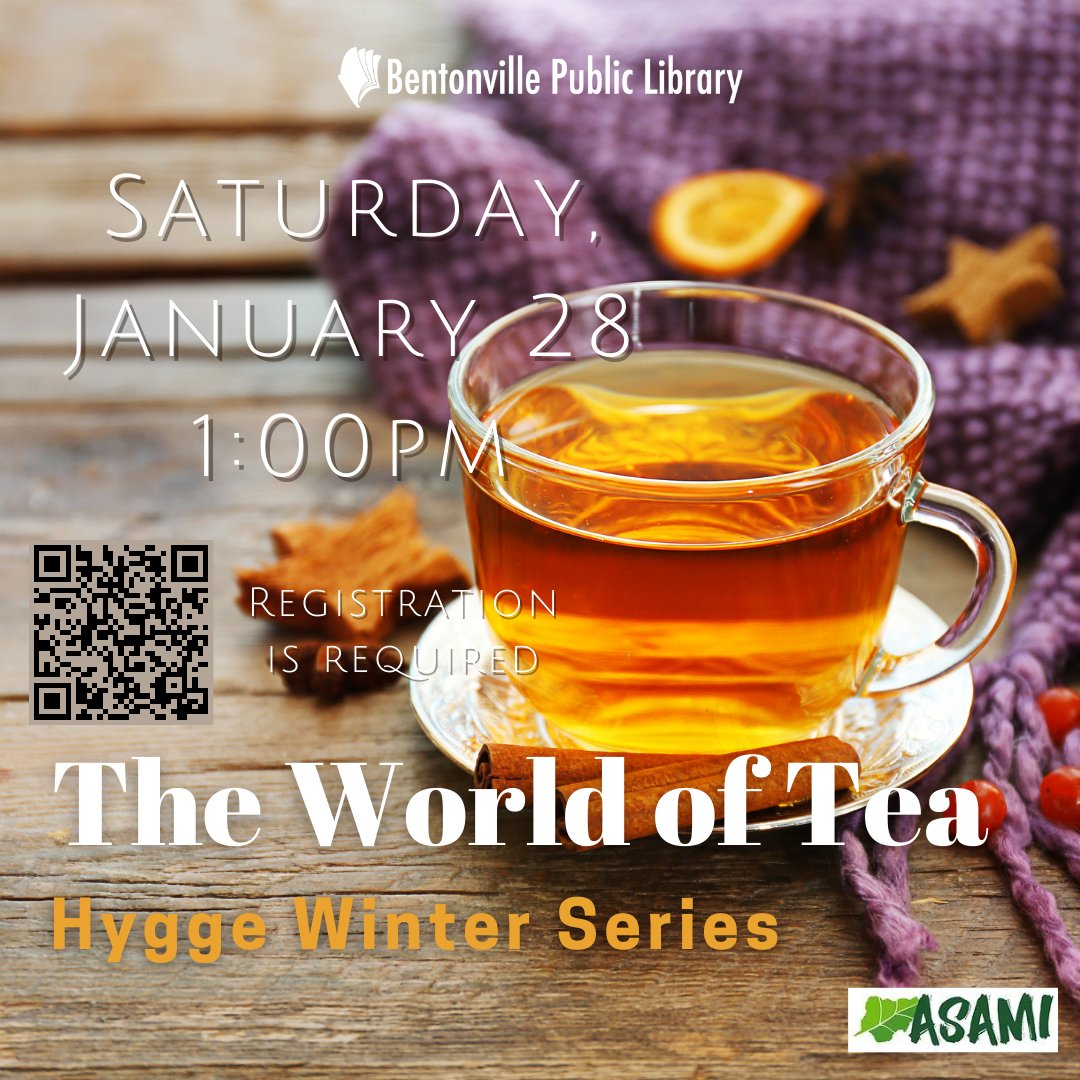 Join us for a tea talk and tasting led by Ola Atilola of ASAMI Tea on Saturday, January 28 at 1:00pm. Learn about how tea is grown in Africa and how to brew the perfect cup! For adults. Registration is required.
attend.bentonvillelibrary.org/event/7820123
#BPL #Library #WorldofTea #adults