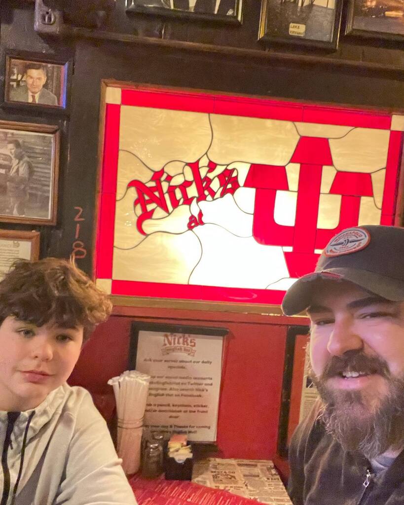 dewaddle's tweet photo. Hitting the Hoosiers game tomorrow with this guy. We decided that we needed an evening in Bloomington to properly prepare. Pinstripes will be involved. #iu #hoosiers #nicksenglishhut https://t.co/6rDGmb5K22 https://t.co/j4MUv9EtAx