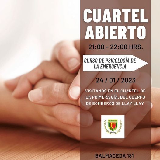 Continuamos con nuestro “cuartel abierto” en Psicología de la emergencia este 24 de enero de 21 hrs a 22:00 hrs, los esperamos

Cuartel Abierto “Psicología de la emergencia”