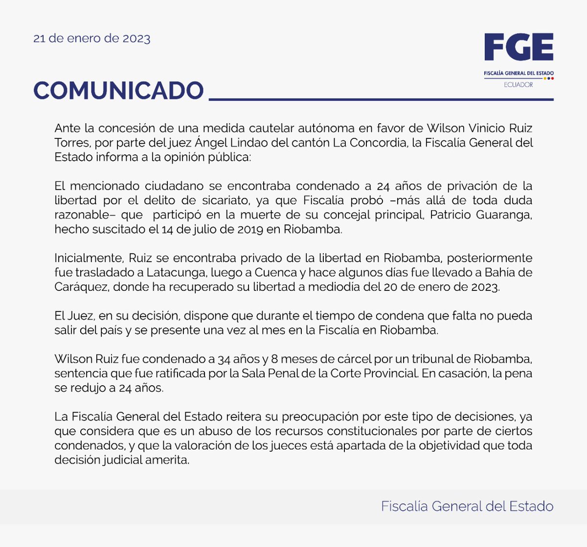 ‼️#URGENTE
Luego que Juez Lindao, mismo que regresó en funciones a vocales del CPCCS, concediera medidas cautelares para Vinicio Ruiz, sentenciado por sicariato del concejal de #Riobamba, Patricio Guaranga, en 2019, <a href="/FiscaliaEcuador/">Fiscalía Ecuador</a> expresa su preocupación ante la decisión.