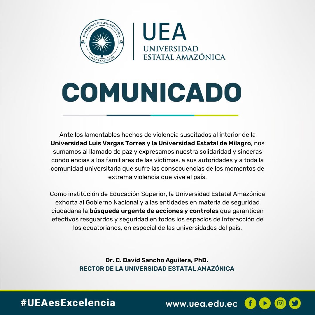 ueaeduec's tweet photo. #ComunicadoUEA | La Universidad Estatal Amazónica ante los hechos ocurridos en las fraternas instituciones de Educación Superior: https://t.co/LHMXme2S7O