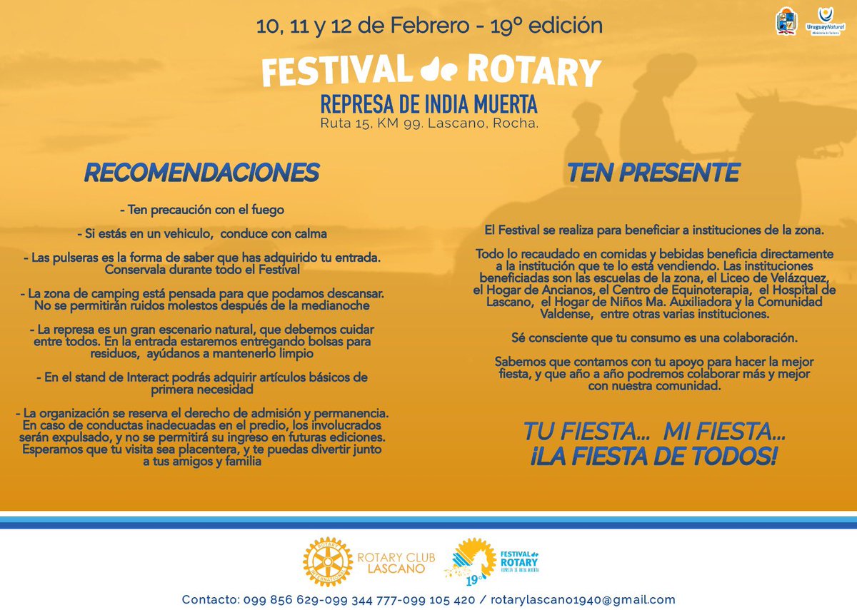 RotaryLascano's tweet photo. Guía de actividades 19° Festival del Rotary Represa de India Muerta. La fiesta solidaria a orillas del lago! https://t.co/lChnCOeVOC
