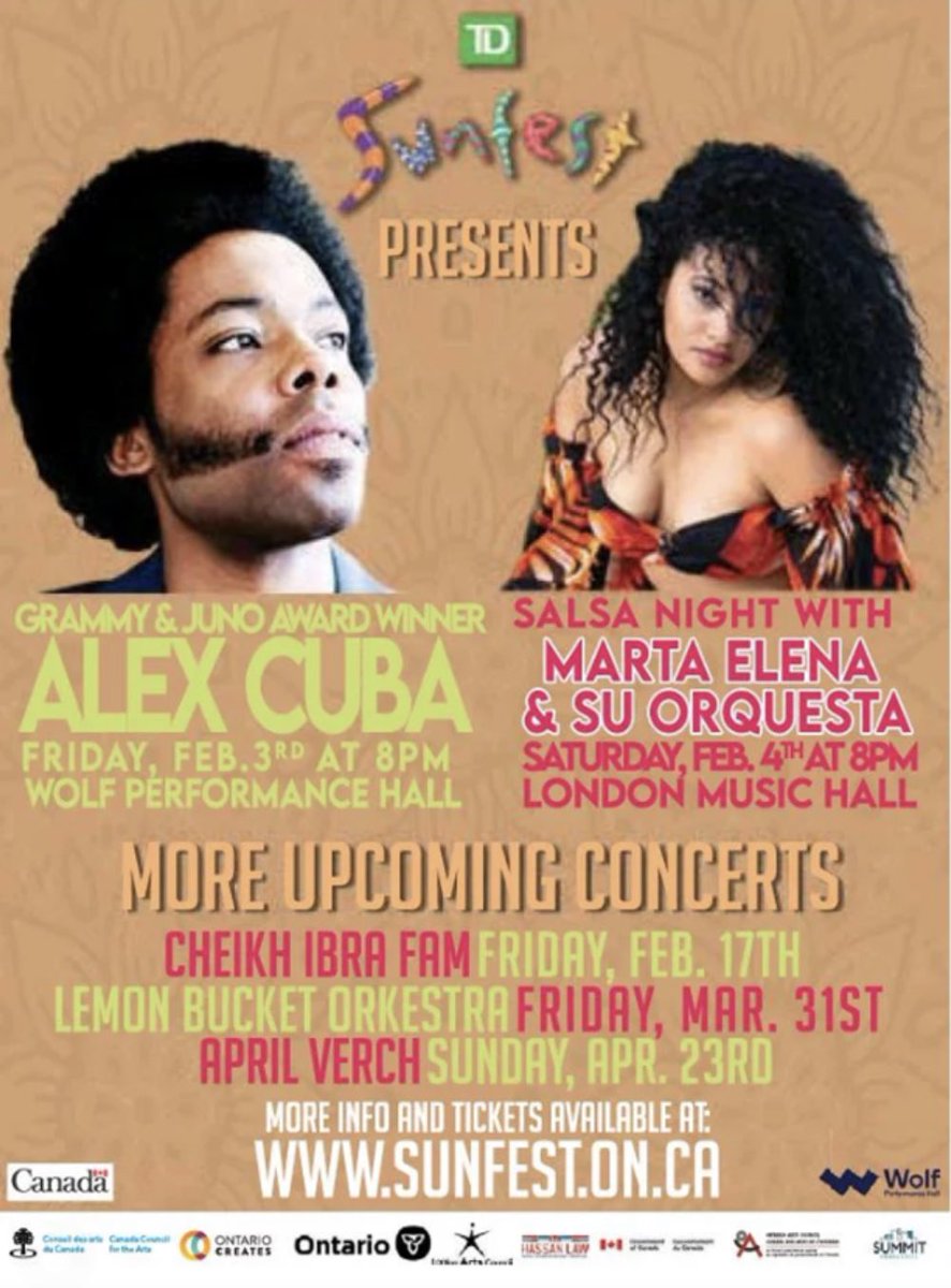 2023 is 🔥 up with artists you won’t want to miss!
🎶<a href="/RecordingAcad/">GRAMMYS</a> winner Alex Cuba takes the stage <a href="/TheWolfLdn/">WolfPerformanceHall</a> Feb 3rd!
💃Marta Elena &amp; Su Orquesta lead a salsa night <a href="/londonmusichall/">London Music Hall</a> to show off your moves Feb 4th!

Treat yourself this year! ❤️
sunfest.on.ca
#LdnOnt