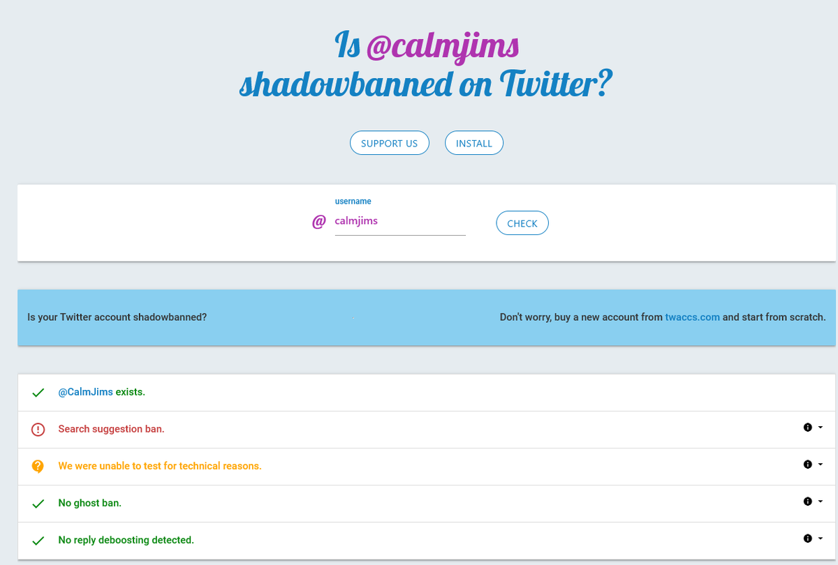 CalmJims's tweet photo. @Lisa_Trump3 @elonmusk @TwitterSupport this is how mine looks and that bottom one will sometimes be red too. Yours just has the search suggestion bann red which means you don't show up in searches. I believe only a very limited number of people see us. I emailed support to see if mine can be rectified. https://t.co/KRSfAYHPlq