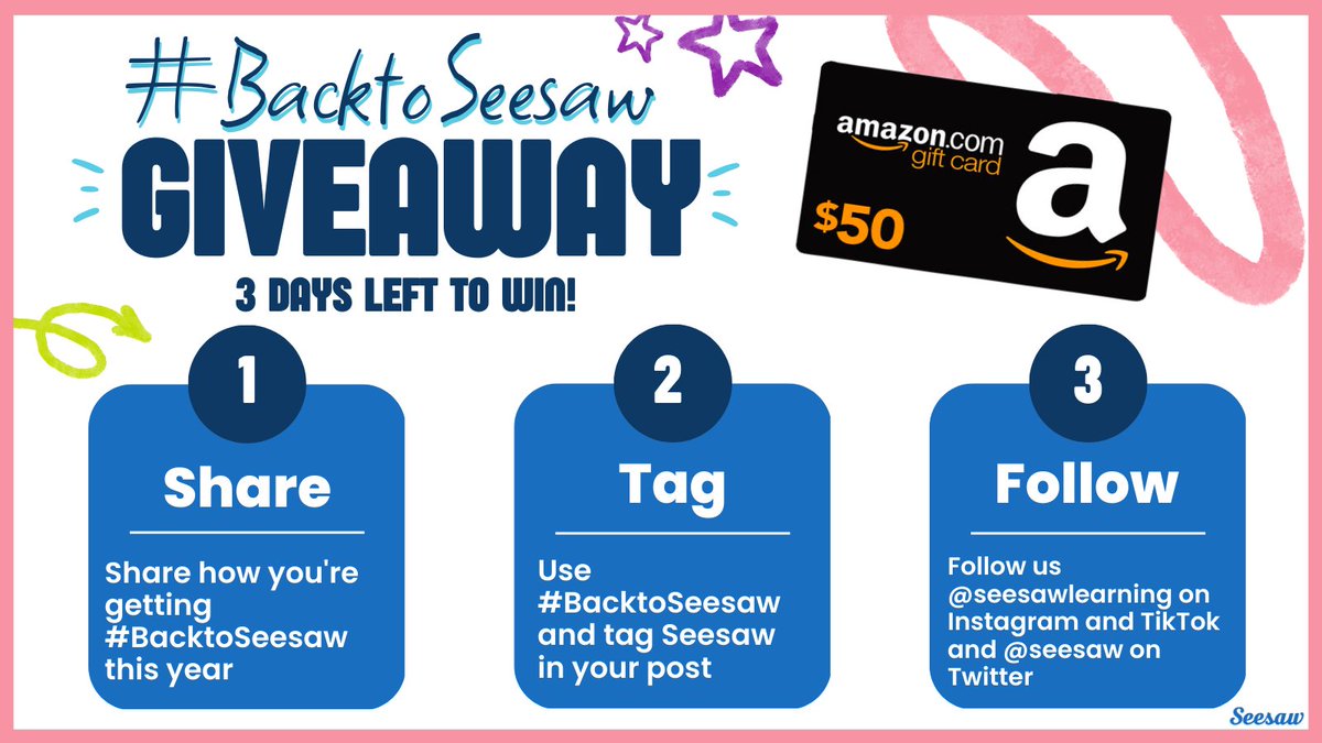 Seesaw's tweet photo. 💙 3 DAYS LEFT TO WIN 💙 ⁣
⁣
Have you entered to win your $50 Amazon Giftcard? 🎉  ⁣
⁣
Jump #BacktoSeesaw to engage students with instructional tools that help them show what they know. Create a post showing us how you’re getting #BacktoSeesaw, and be entered to win! https://t.co/unDdLCOvPK