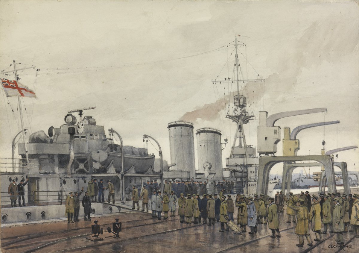 'Stettin, New Year 1919 : British prisoners homeward bound boarding 'HMS Concord.'' Watercolor painting by Cecil King, 1919. Source: Imperial War Museums. #history #wwi #ww1 #worldwari #militaryhistory #ukhistory