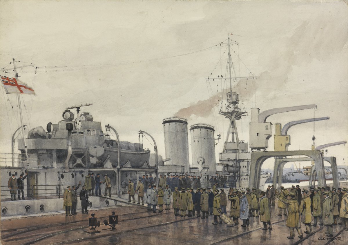 "Stettin, New Year 1919 : British prisoners homeward bound boarding 'HMS Concord.'" Watercolor painting by Cecil King, 1919. Source: Imperial War Museums. #history #wwi #ww1 #worldwari #militaryhistory #ukhistory