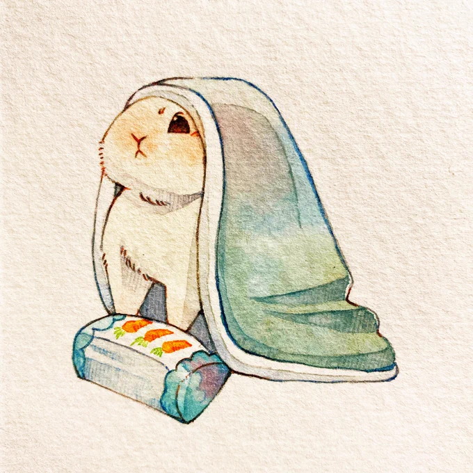 布団の中から出たくないうさぎ#透明水彩 